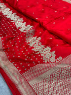 Red Banarasi Mashru Silk Saree — Flower Design, Festive & Bridal