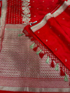 Red Banarasi Mashru Silk Saree — Flower Design, Festive & Bridal