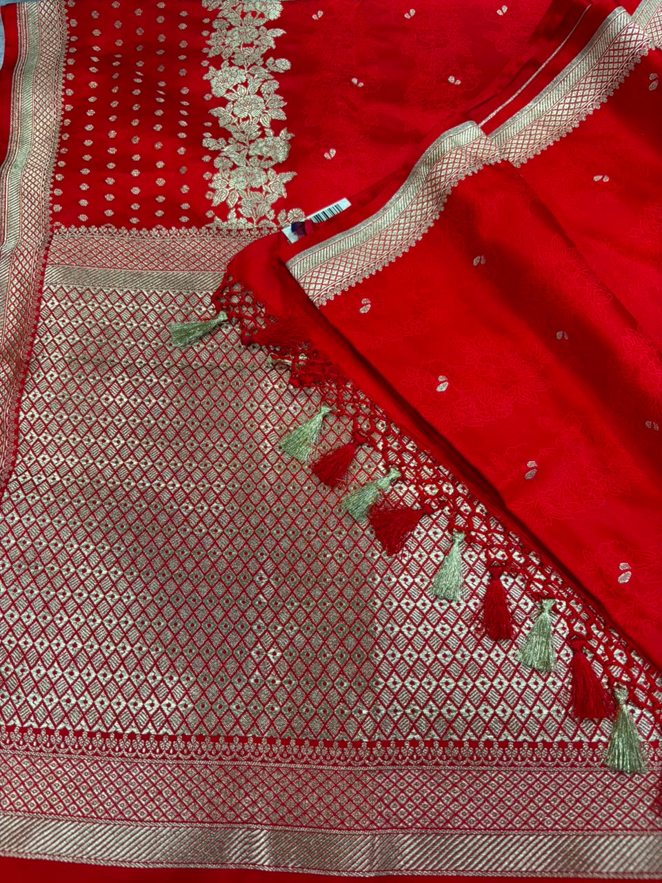 Red Banarasi Mashru Silk Saree — Flower Design, Festive & Bridal