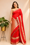 Red Banarasi Mashru Silk Saree — Flower Design, Festive & Bridal
