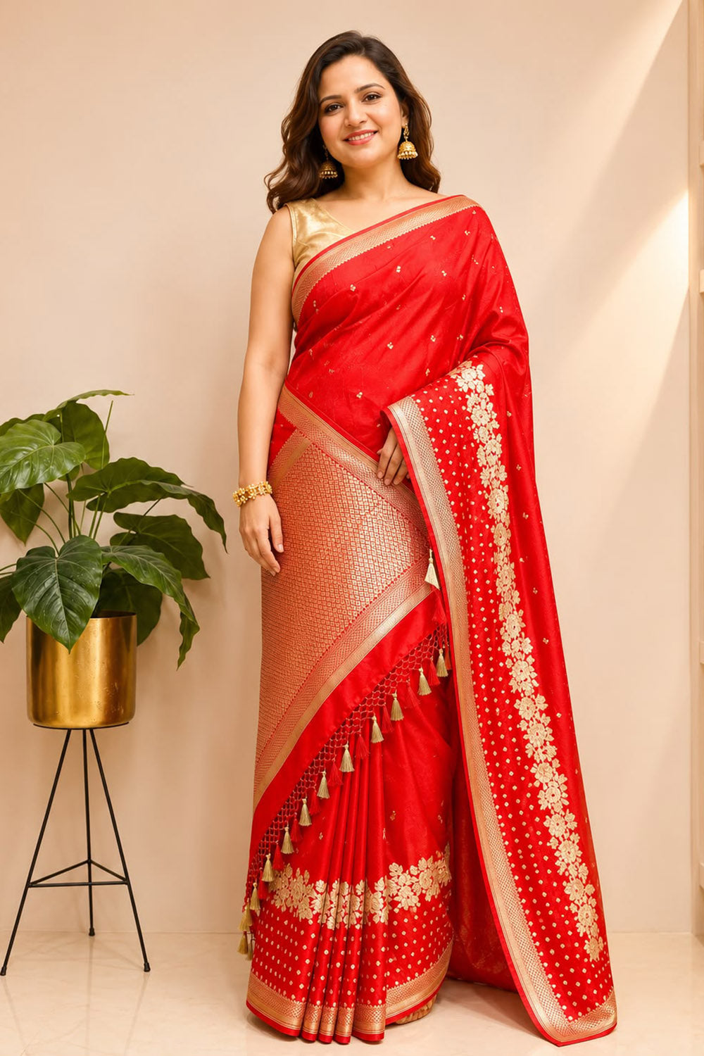 Red Banarasi Mashru Silk Saree — Flower Design, Festive & Bridal
