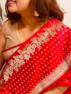 Red Banarasi Mashru Silk Saree — Flower Design, Festive & Bridal