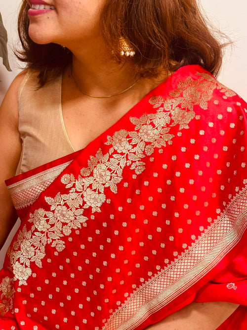 Red Banarasi Mashru Silk Saree — Flower Design, Festive & Bridal