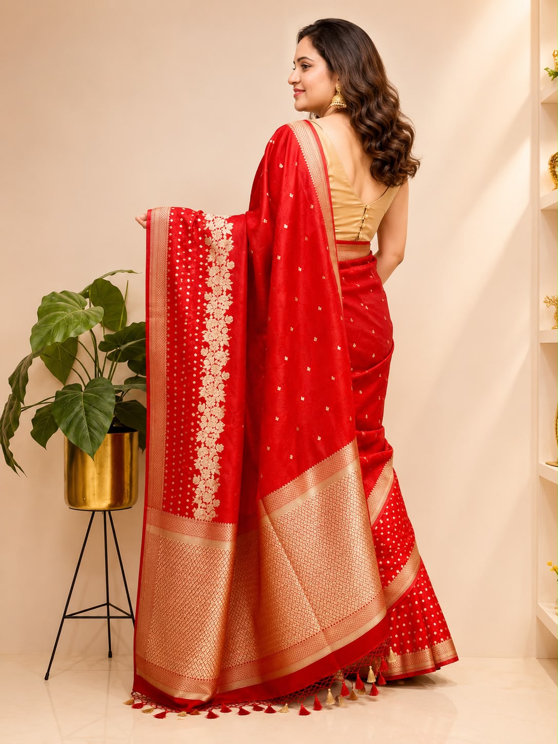 Red Banarasi Mashru Silk Saree — Flower Design, Festive & Bridal