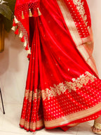 Red Banarasi Mashru Silk Saree — Flower Design, Festive & Bridal
