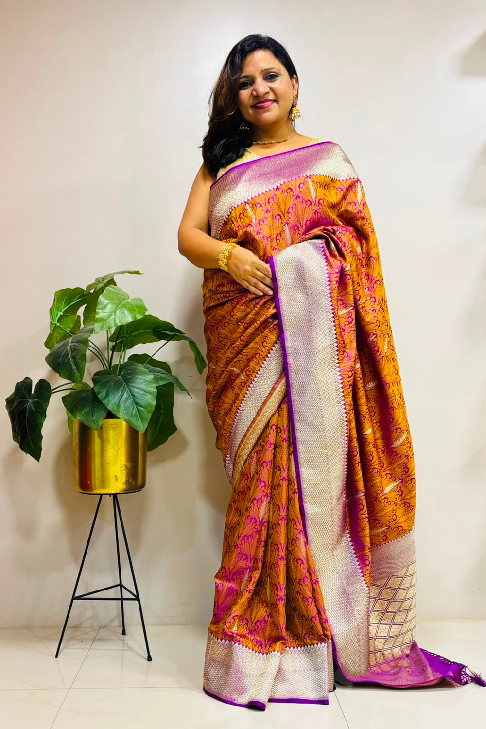 Multicolor Banarasi Mashru Silk Saree — Leaf Design, Festive