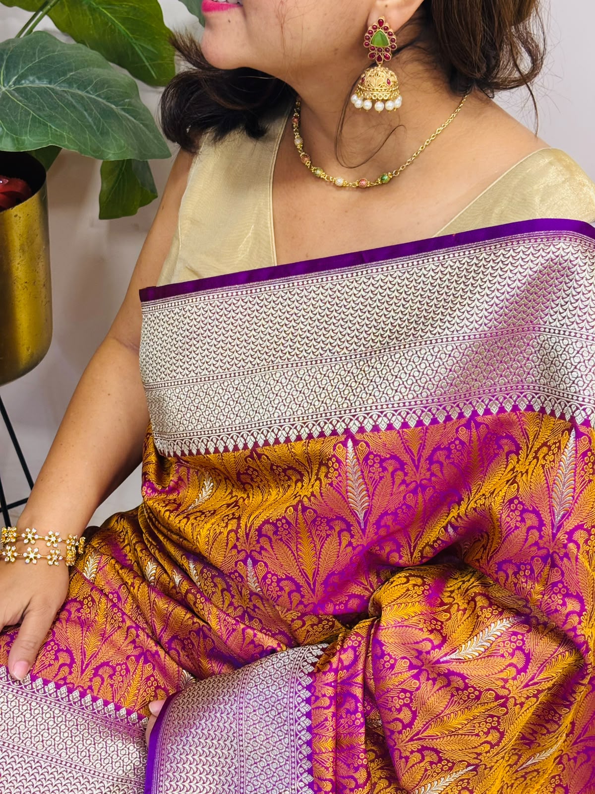 Multicolor Banarasi Mashru Silk Saree — Leaf Design, Festive