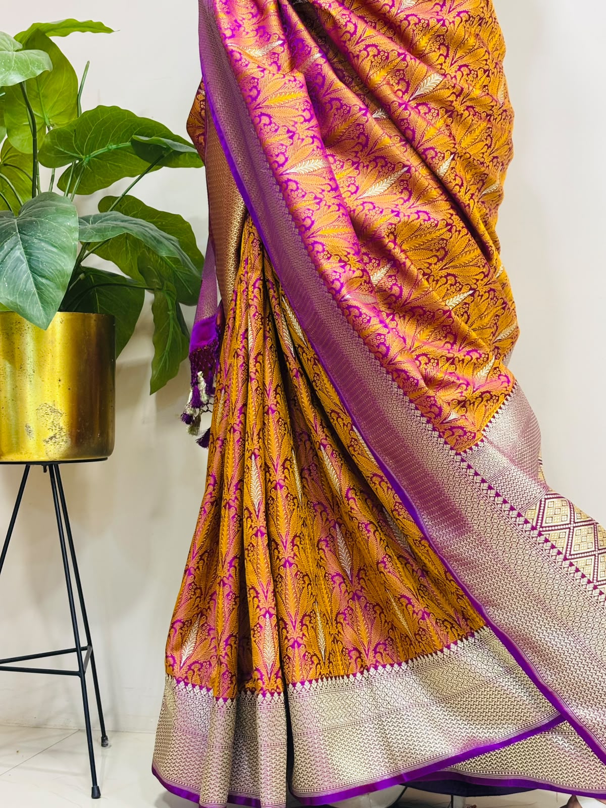 Multicolor Banarasi Mashru Silk Saree — Leaf Design, Festive