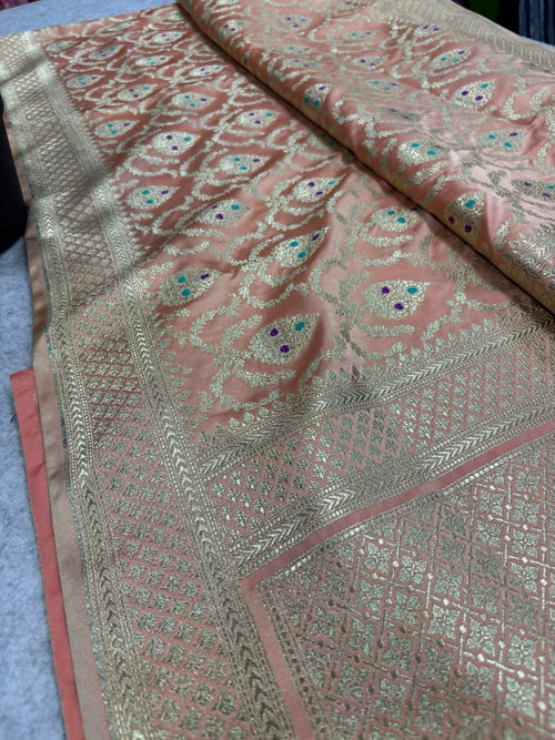 Peach Banarasi Mashru Silk Saree — Jaal & Meenakari, Bridal