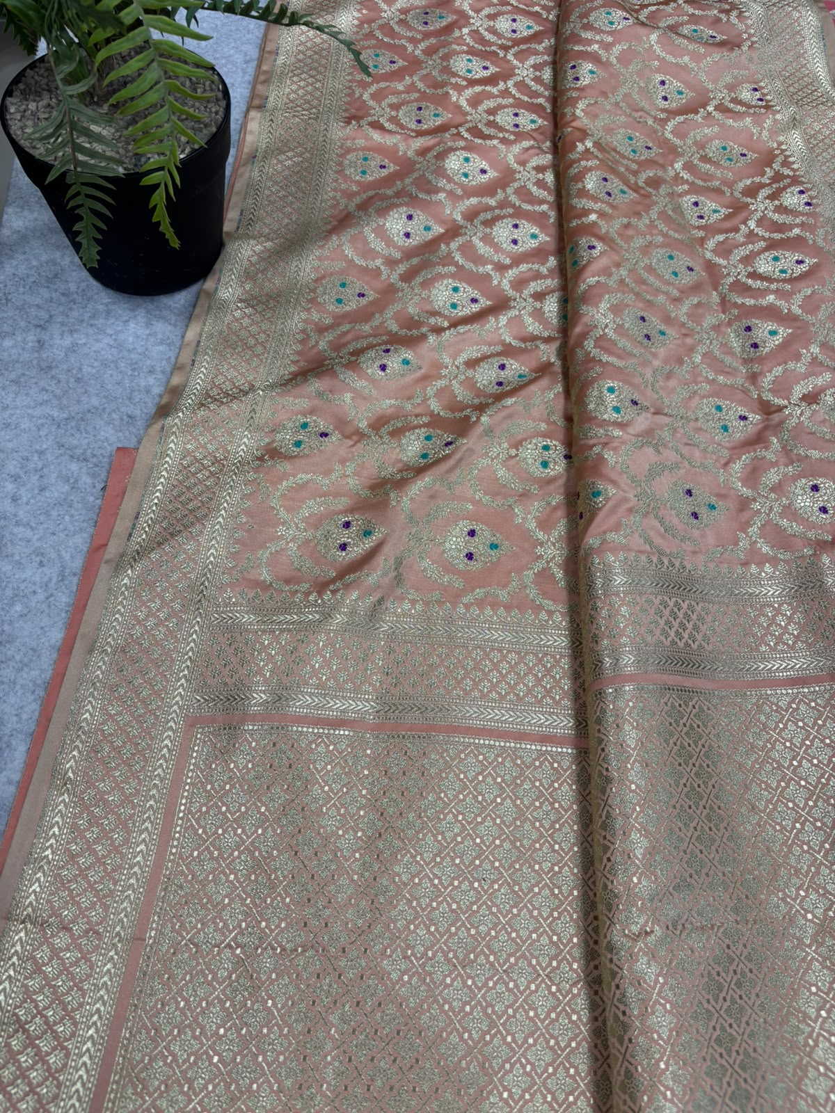 Peach Banarasi Mashru Silk Saree — Jaal & Meenakari, Bridal