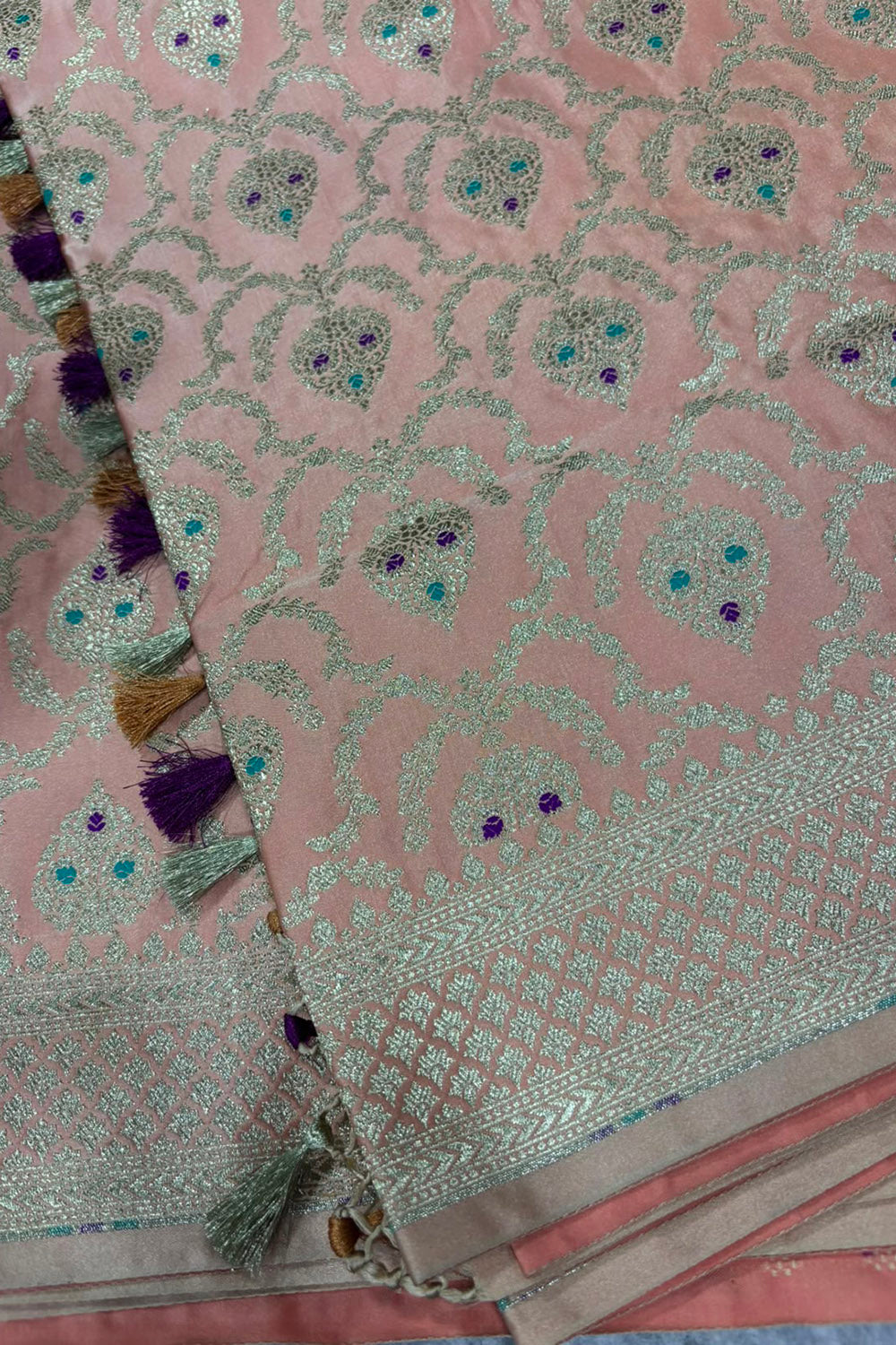 Peach Banarasi Mashru Silk Saree — Jaal & Meenakari, Bridal