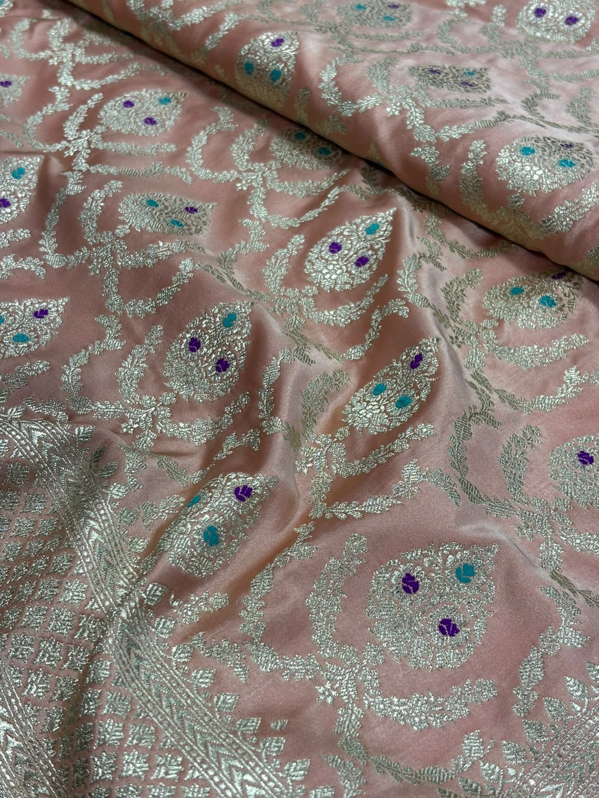Peach Banarasi Mashru Silk Saree — Jaal & Meenakari, Bridal