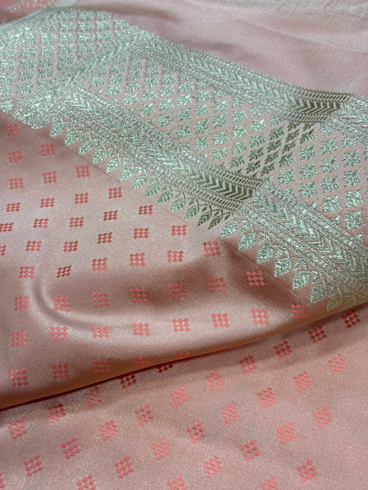 Peach Banarasi Mashru Silk Saree — Jaal & Meenakari, Bridal