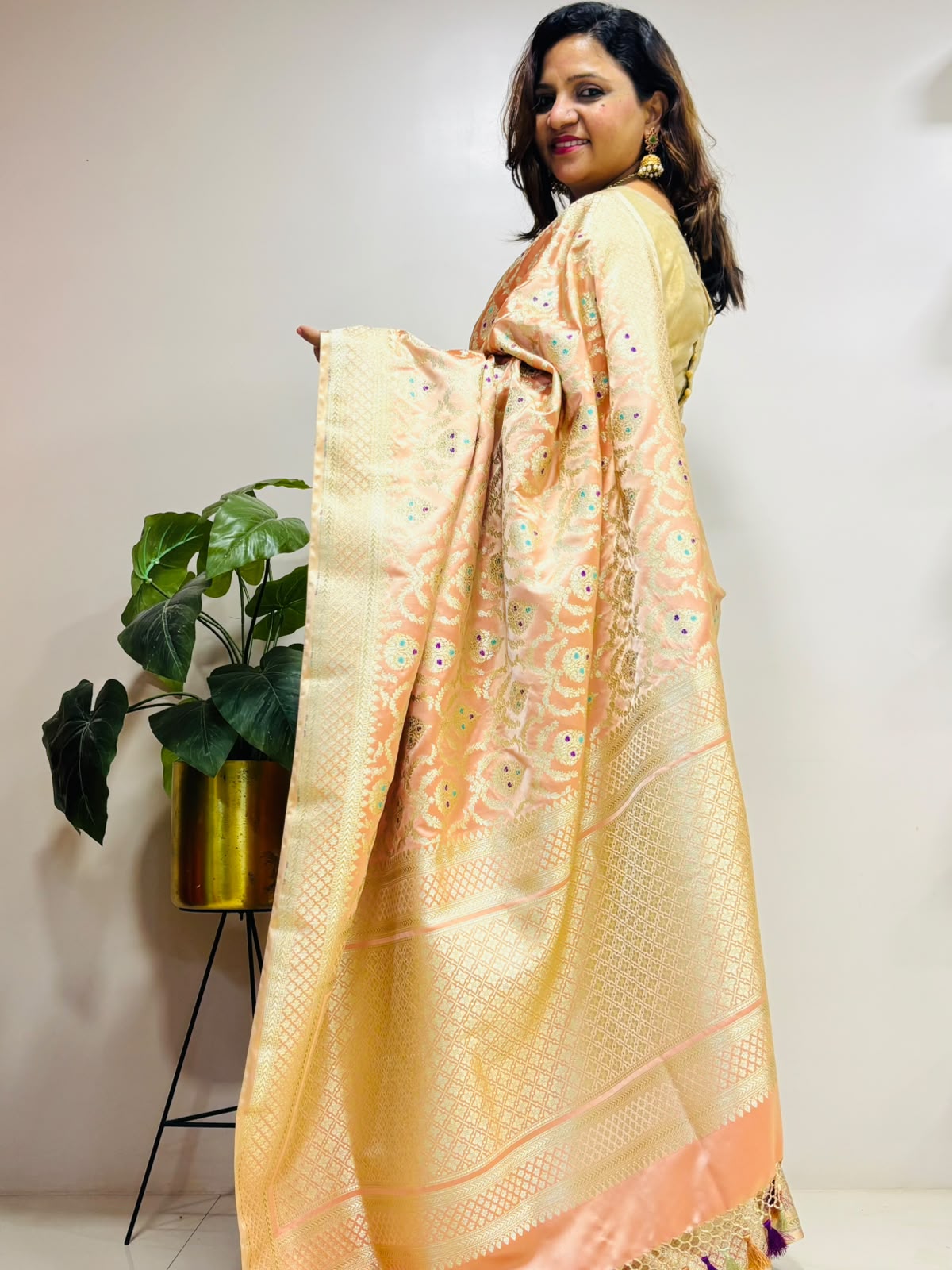 Peach Banarasi Mashru Silk Saree — Jaal & Meenakari, Bridal