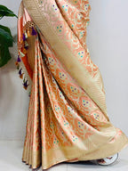 Peach Banarasi Mashru Silk Saree — Jaal & Meenakari, Bridal