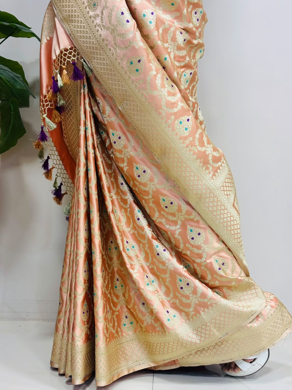 Peach Banarasi Mashru Silk Saree — Jaal & Meenakari, Bridal