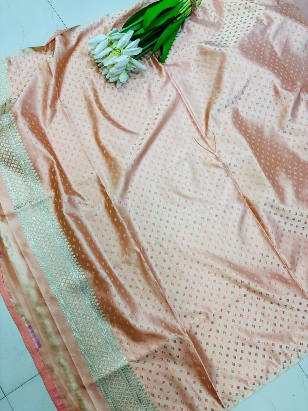 Peach Banarasi Mashru Silk Saree — Jaal & Meenakari, Bridal