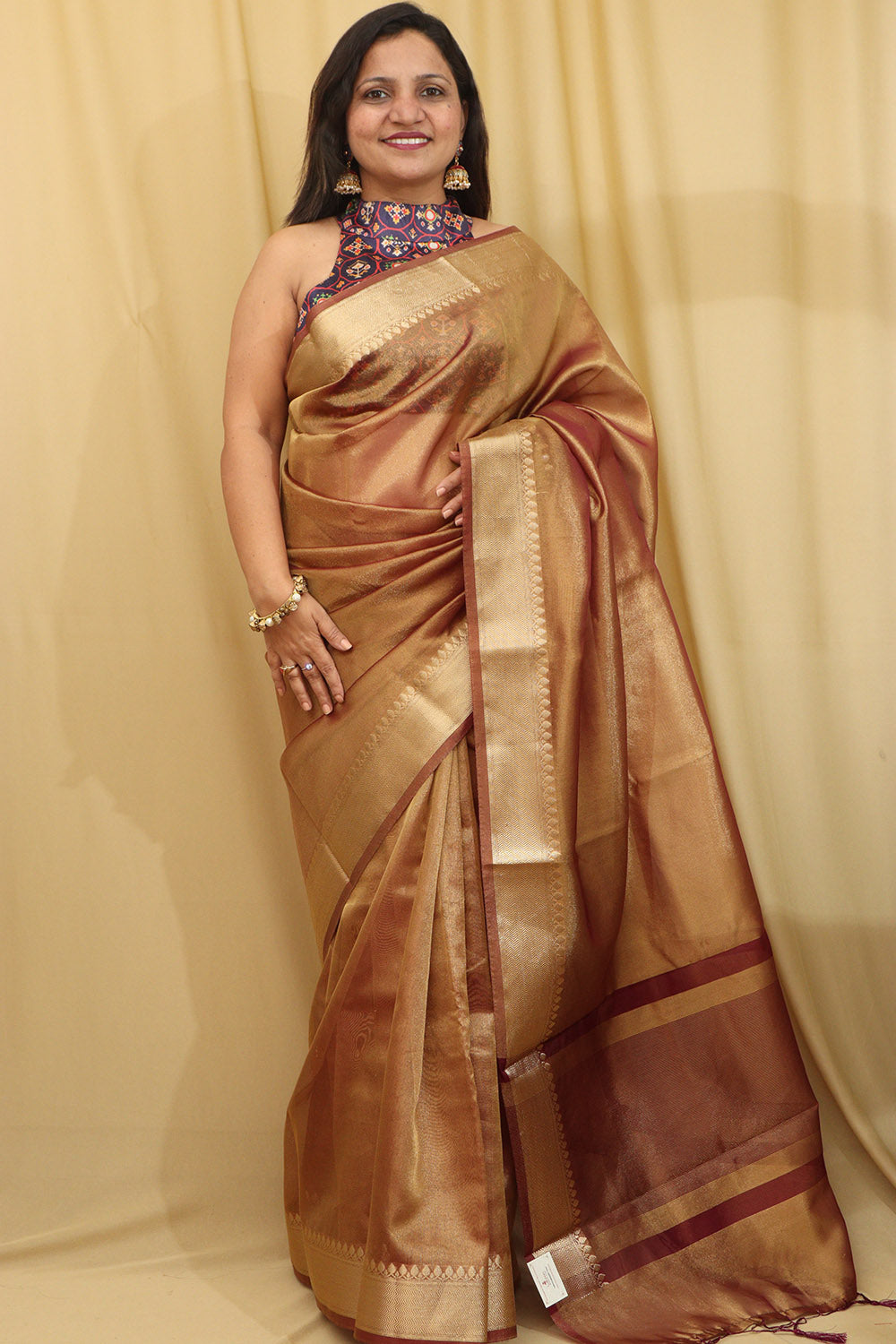 1 Min Ready To Wear - Brown Banarasi Tissue Saree - Luxurion World
