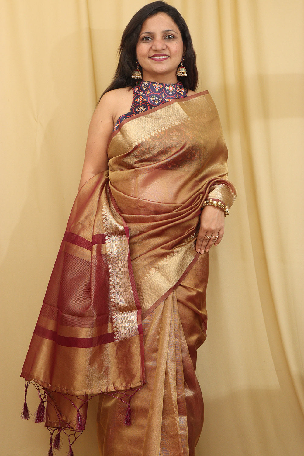 1 Min Ready To Wear - Brown Banarasi Tissue Saree - Luxurion World
