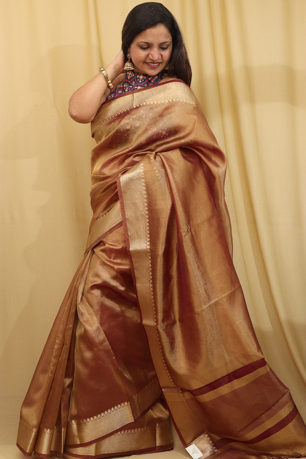 1 Min Ready To Wear - Brown Banarasi Tissue Saree - Luxurion World