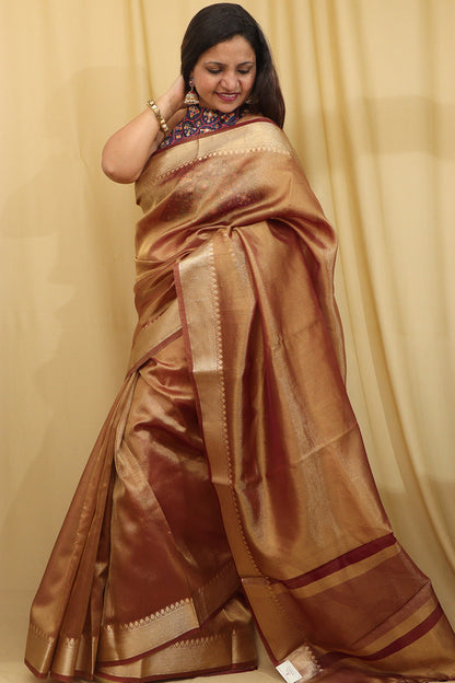 1 Min Ready To Wear - Brown Banarasi Tissue Saree - Luxurion World