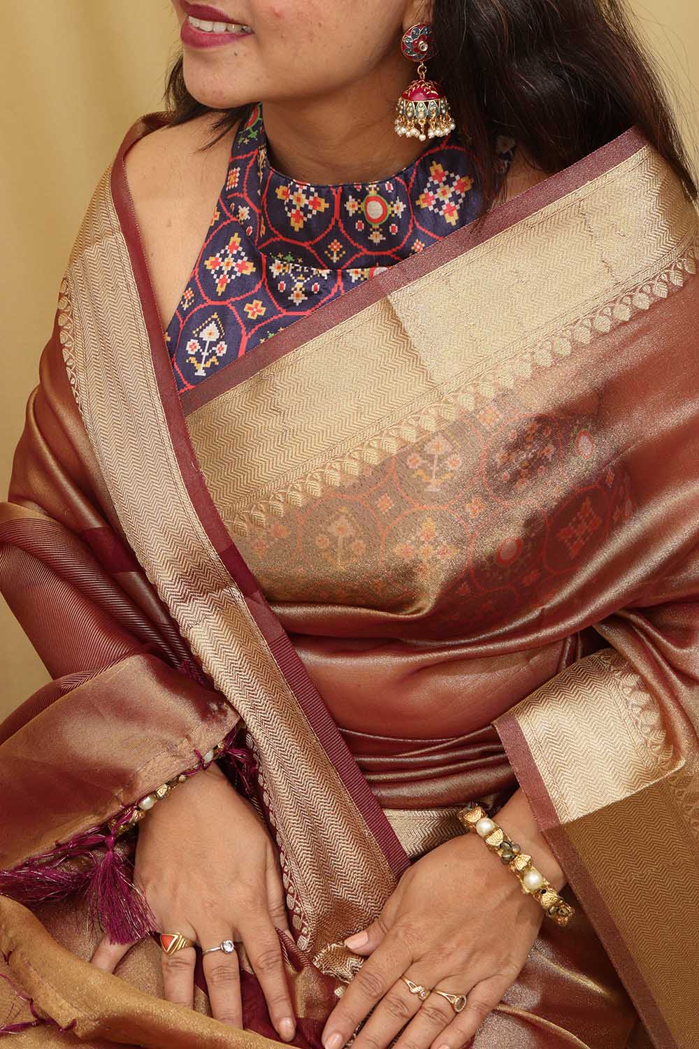 1 Min Ready To Wear - Brown Banarasi Tissue Saree - Luxurion World