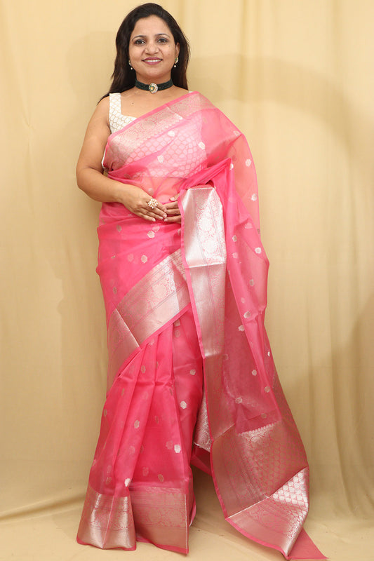 Elegant Pink Banarasi Organza Silk Saree - Luxurion World