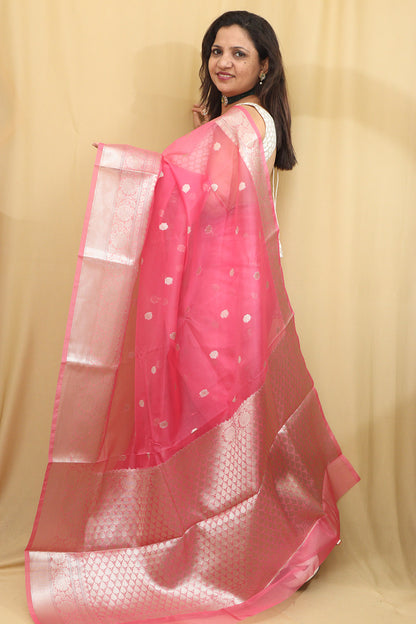 Elegant Pink Banarasi Organza Silk Saree - Luxurion World
