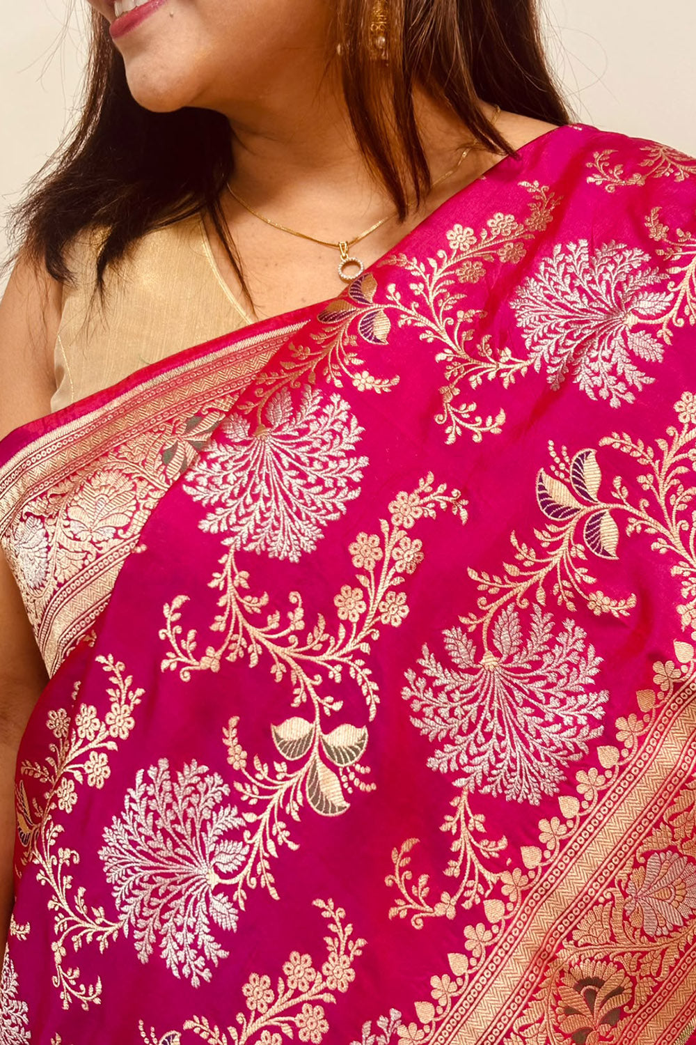 Pink Handloom Banarasi Pure Katan Silk Flower Design Sona Roopa Saree