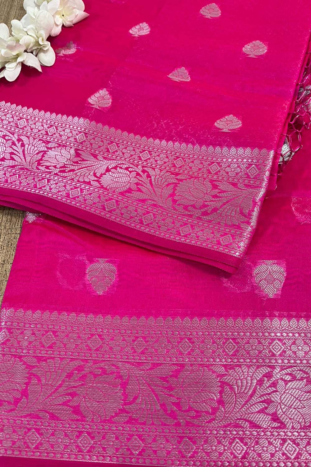 Stunning Pink Banarasi Kora Silk Saree - Luxurion World