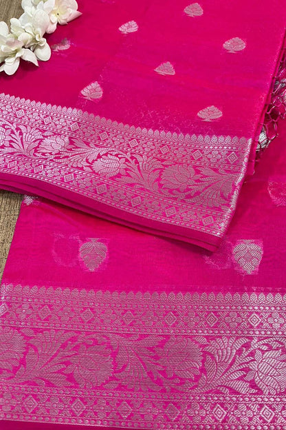 Stunning Pink Banarasi Kora Silk Saree - Luxurion World