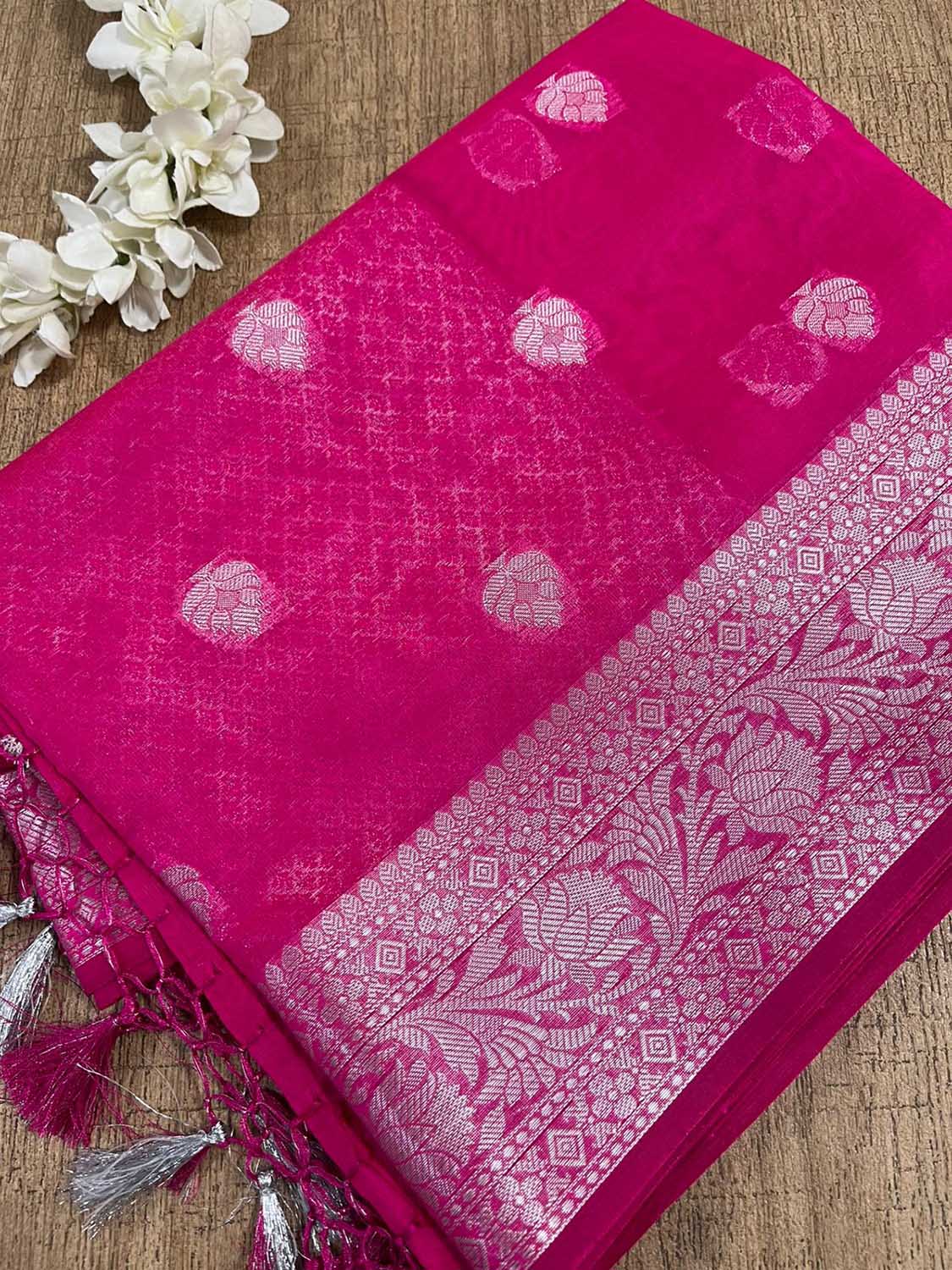 Stunning Pink Banarasi Kora Silk Saree - Luxurion World