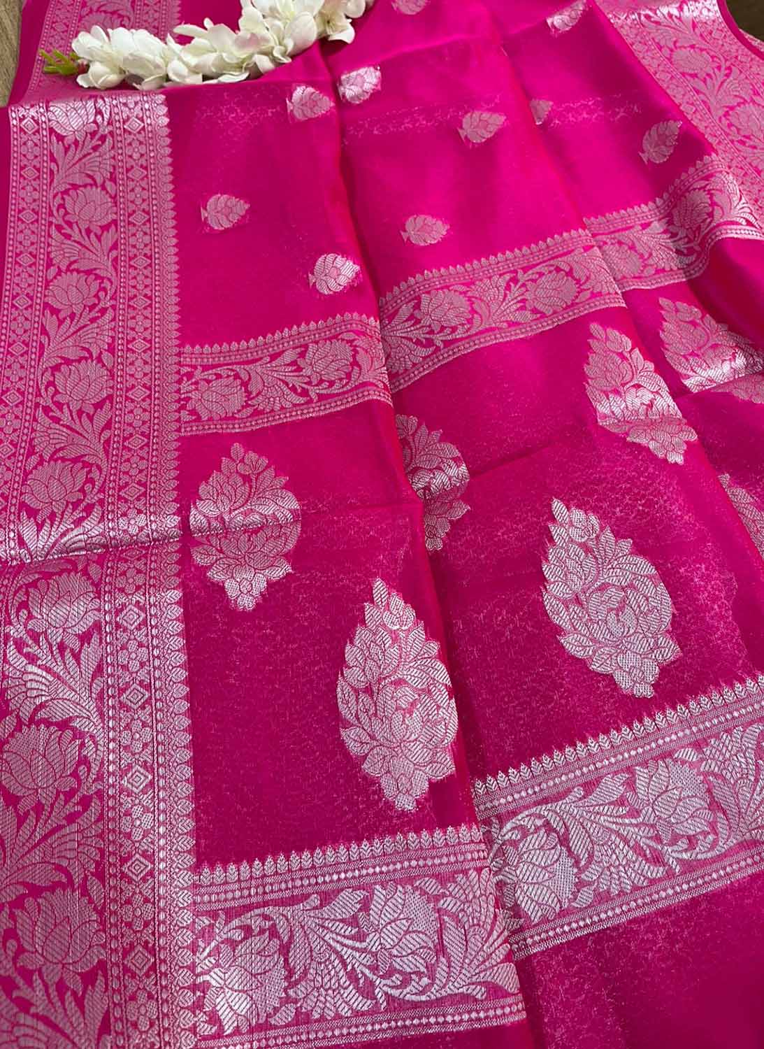 Stunning Pink Banarasi Kora Silk Saree - Luxurion World