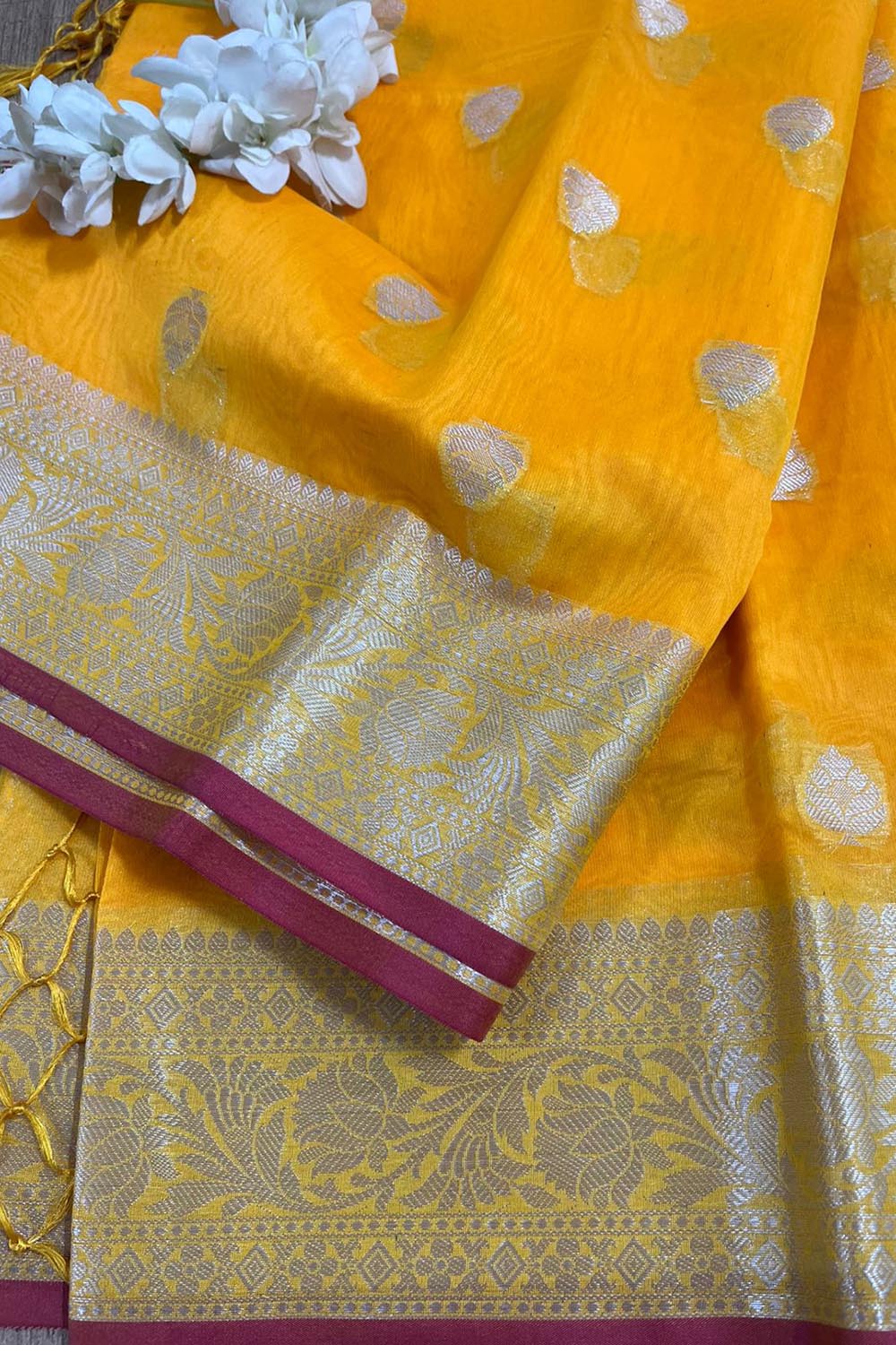 Vibrant Yellow Banarasi Kora Silk Saree - Luxurion World