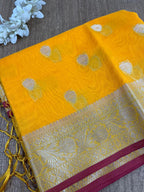 Vibrant Yellow Banarasi Kora Silk Saree - Luxurion World