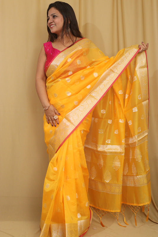Vibrant Yellow Banarasi Kora Silk Saree - Luxurion World