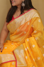 Vibrant Yellow Banarasi Kora Silk Saree - Luxurion World