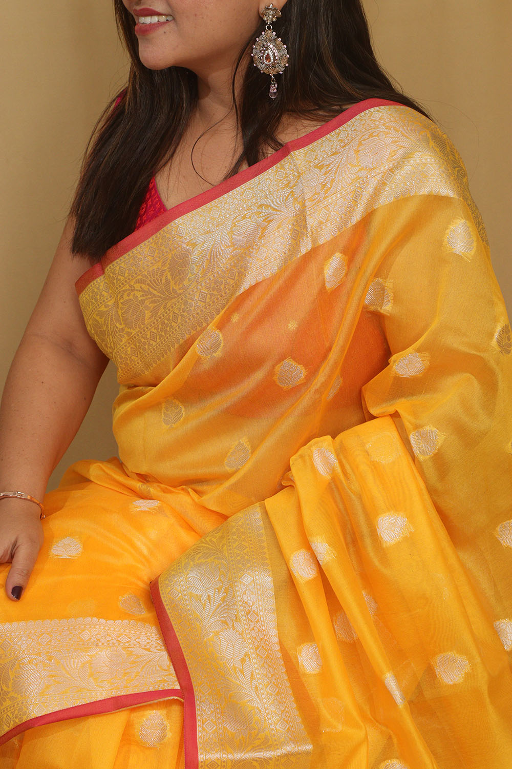 Vibrant Yellow Banarasi Kora Silk Saree - Luxurion World