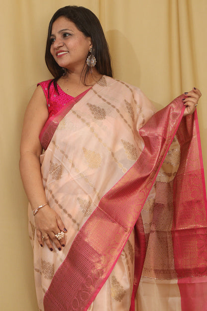 Exquisite Pastel Banarasi Cotton Silk Saree - Luxurion World