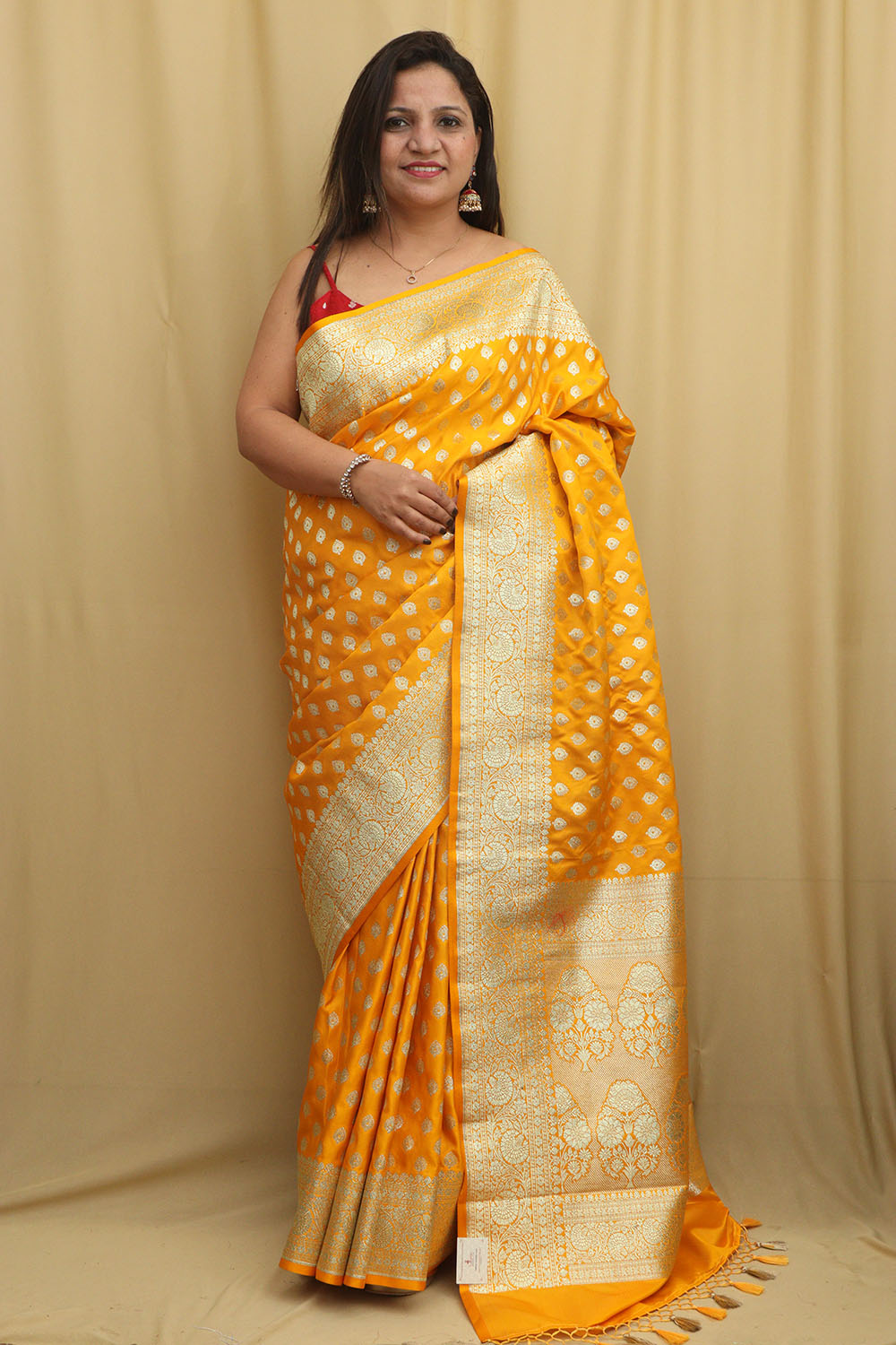 Vibrant Yellow Banarasi Satin Silk Saree - Elegant and Timeless - Luxurion World