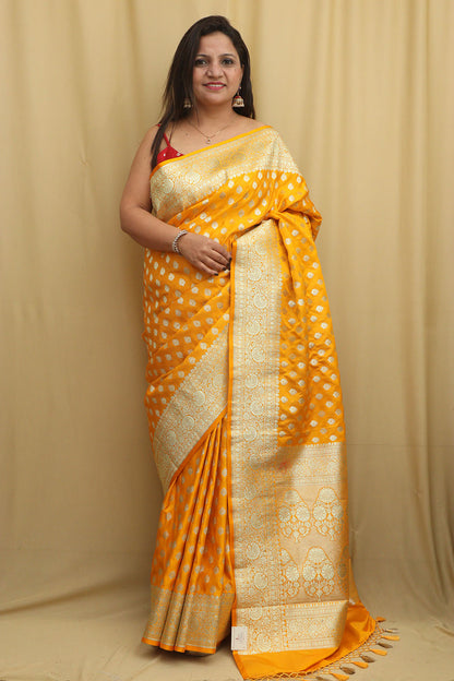 Vibrant Yellow Banarasi Satin Silk Saree - Elegant and Timeless - Luxurion World