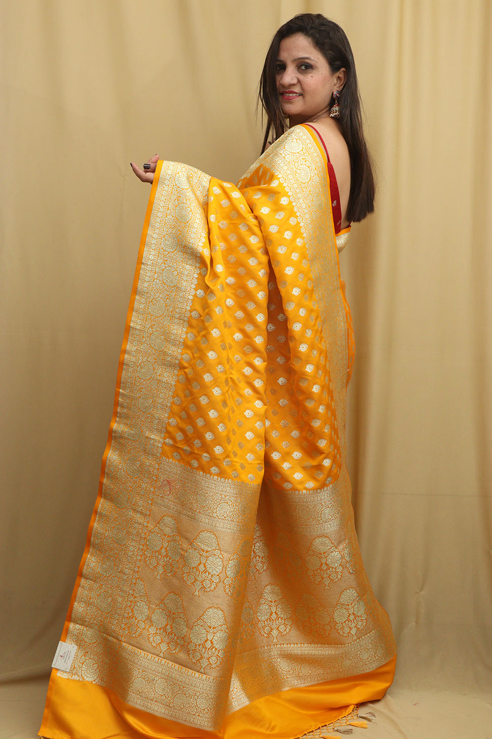 Vibrant Yellow Banarasi Satin Silk Saree - Elegant and Timeless - Luxurion World