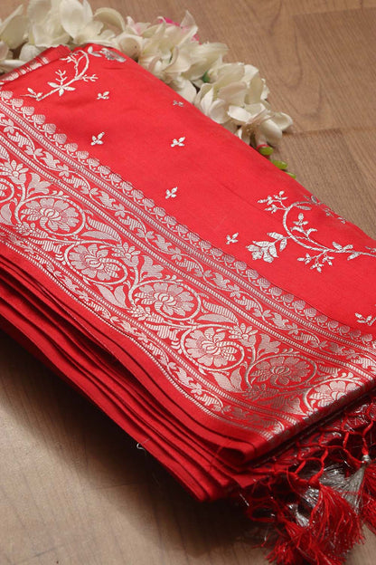 Exquisite Red Banarasi Embroidered Silk Saree - Luxurion World