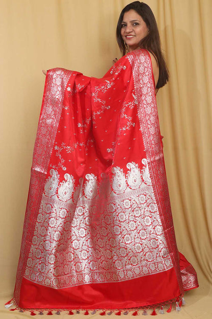 Exquisite Red Banarasi Embroidered Silk Saree - Luxurion World