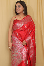 Exquisite Red Banarasi Embroidered Silk Saree - Luxurion World