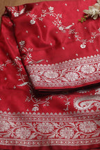 Elegant Maroon Banarasi Embroidered Satin Silk Saree - Luxurion World