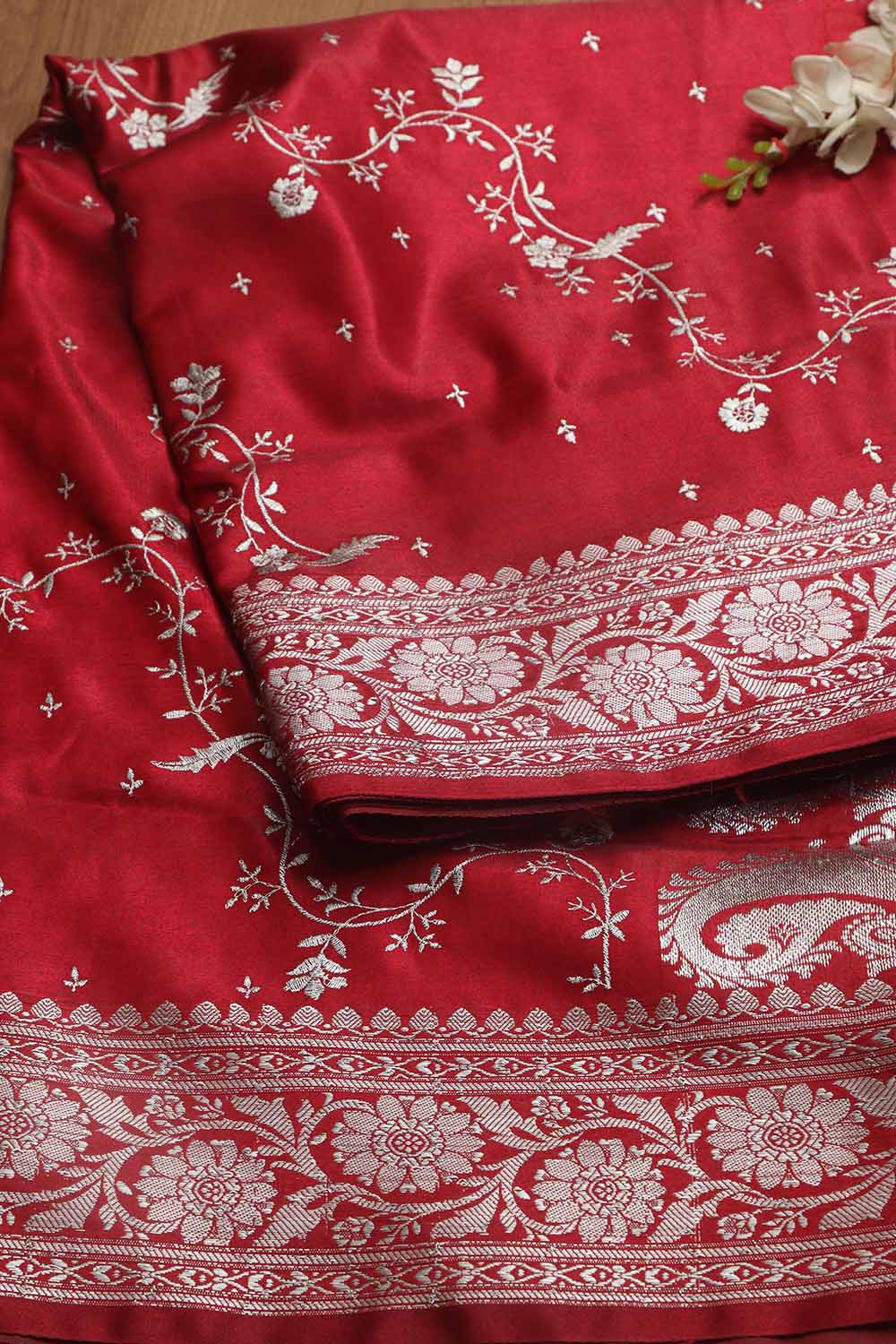 Elegant Maroon Banarasi Embroidered Satin Silk Saree - Luxurion World