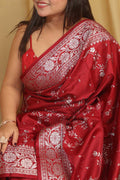 Elegant Maroon Banarasi Embroidered Satin Silk Saree - Luxurion World