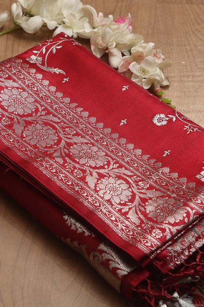 Elegant Maroon Banarasi Embroidered Satin Silk Saree - Luxurion World