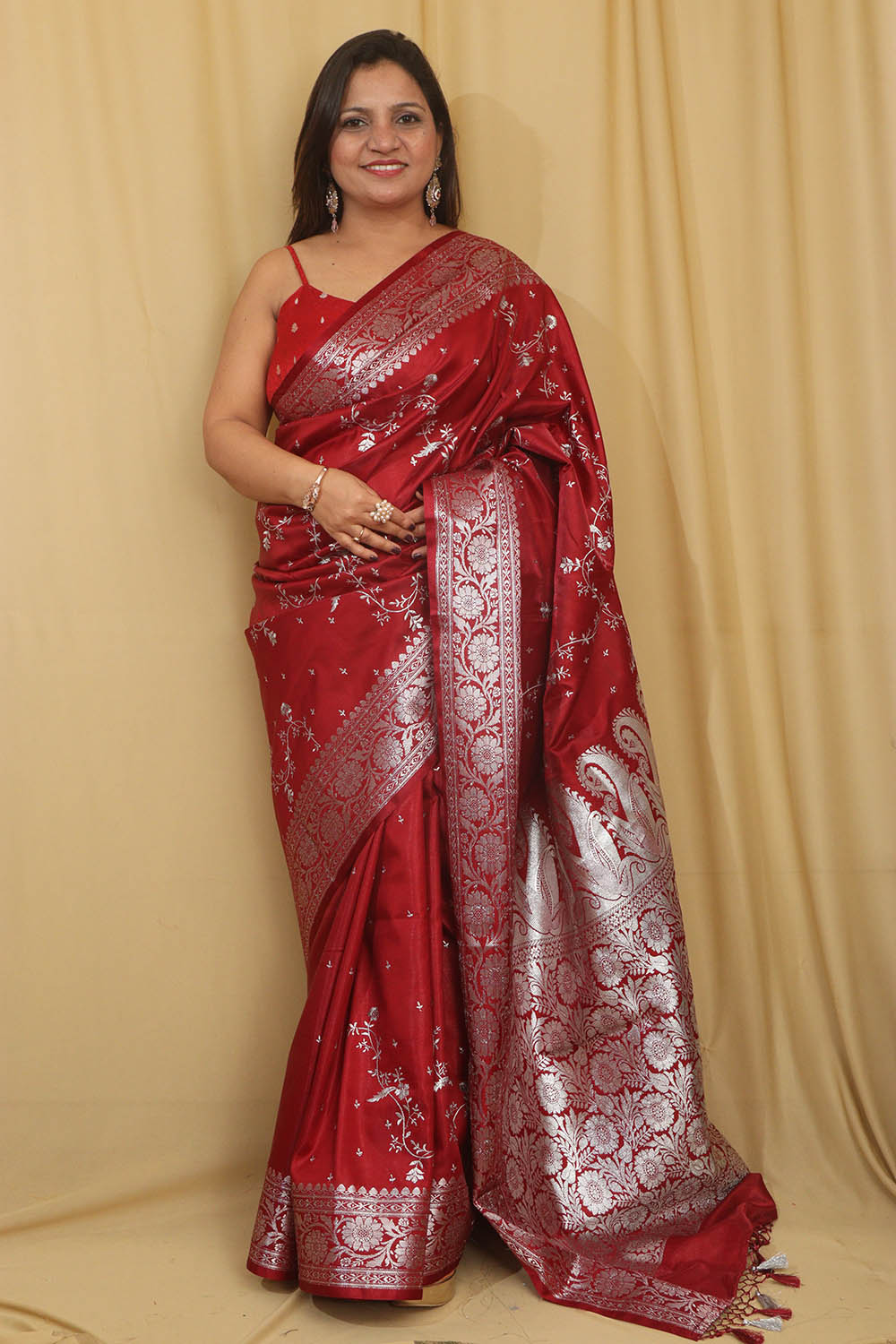 Elegant Maroon Banarasi Embroidered Satin Silk Saree - Luxurion World